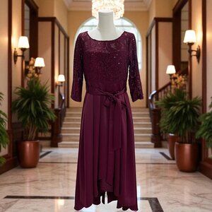 Alex Evenings Petite Burgundy Lace Chiffon Dress Formal Cocktail Wedding Guest